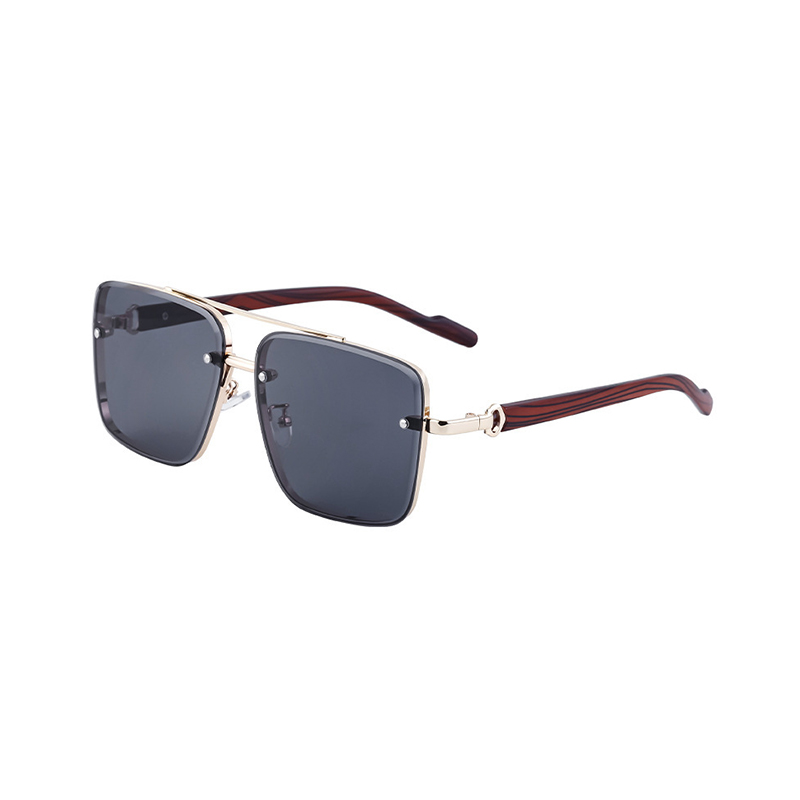 Wood Grain Color Temple Double Bridge Metal Sunglasses for Men
