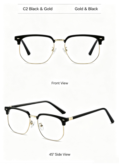 C2 black and gold browline glasses frame, front and 45-degree views