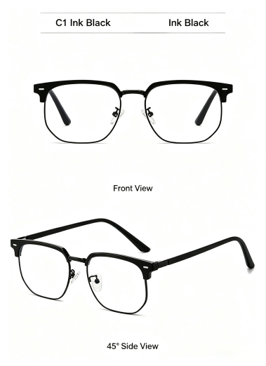 C1 ink black browline glasses frame, front and 45-degree views