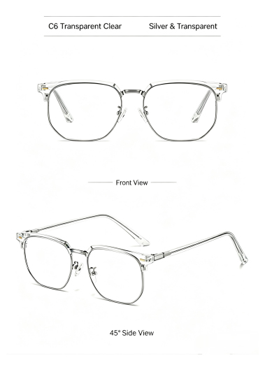 C6 transparent clear and silver browline glasses frame, front and 45-degree views