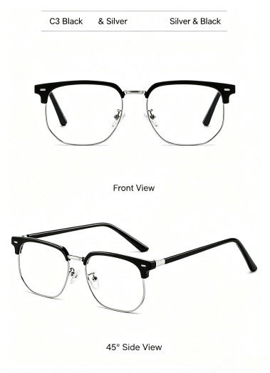 C3 black and silver browline glasses frame, front and 45-degree views