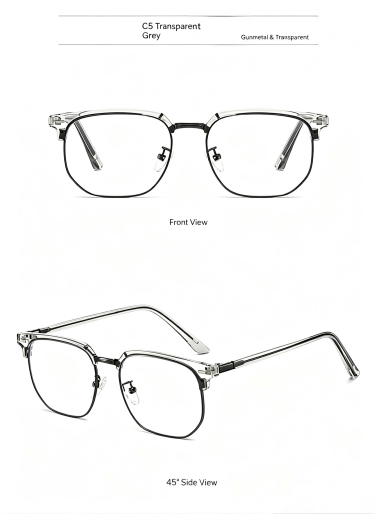 C5 transparent grey browline glasses frame, front and 45-degree views