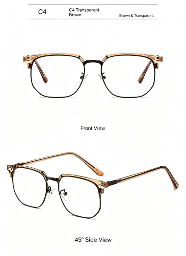 C4 transparent brown browline glasses frame, front and 45-degree views